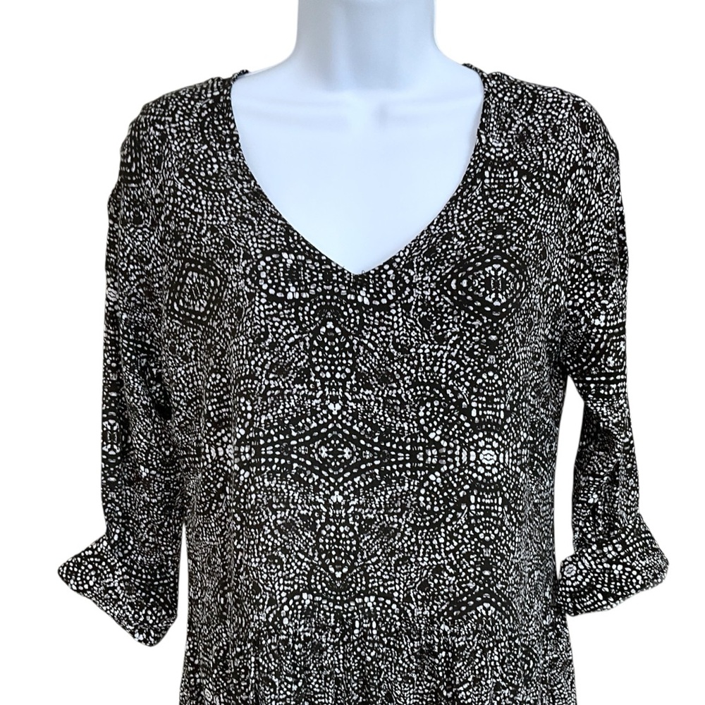 GARNET HILL Size 6 Black and White Print Long Sleeve Midi Dress Drop Waist - Picture 4 of 11